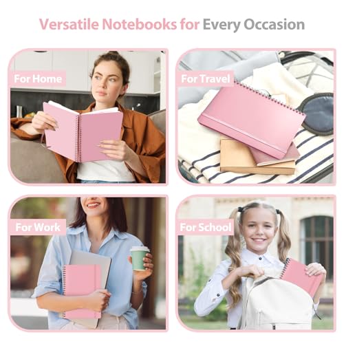 A5 Lined Spiral Journal Notebook, 146 Pages Hardcover Notebook with 100 GSM Thick Paper, Inner Pocket & Elastic Closure, 5.7" x 7.9", Notebooks for Work, School, College, Office, Journaling & Note Taking - color: PINK