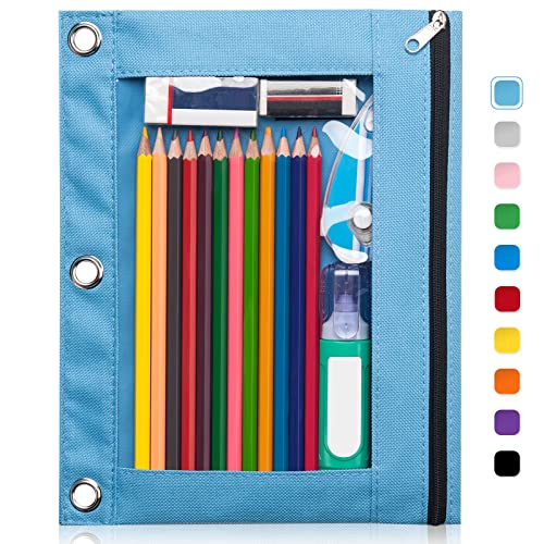 Forvencer 3 Ring Binder Pencil Pouch - Clear Window Pencil Case with Smooth Zipper, Big Capacity Pencil Bag with 3 Reinforced Grommets, Sky Blue - color: Sky Blue, size: 1 Pack