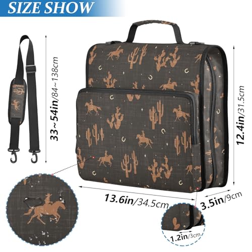 Western Cowboy Black Zipper Binder Bag 3 Ring with Shoulder Strap Zippered Binder Fits 13 Inch Laptop File Folder Document Organizer for College Office Supplies - color: Western Cowboy Black