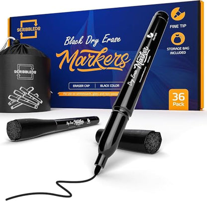 Scribbledo 36-Pack Black Fine Tip Dry Erase Markers with Eraser Cap | Low-Odor Whiteboard Markers for Office, Workplace, Medical & Professional Use