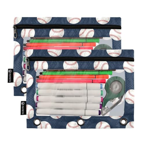 Baseball Pencil Pouches for 3 Ring Binder, Zipper Binder Pencil Case, 2 Pack Clear Window Case Bag for Office Organizers - color: Baseball 1