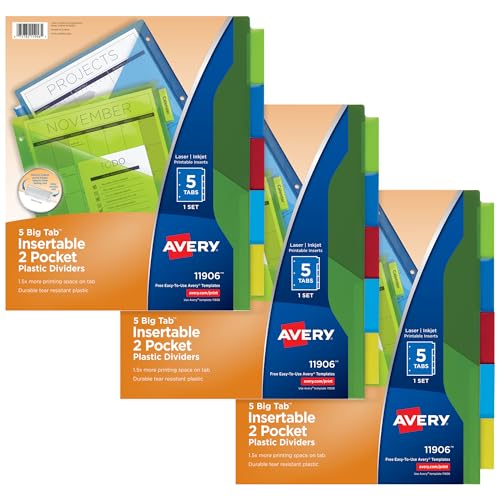Avery Dividers for 3 Ring Binders, 5-Tab Sets, Two-Pocket Plastic Binder Dividers with Tabs, Multicolor, 3 Sets (71906) - size: 5 Tab