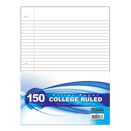 BAZIC Filler Paper Loose Leaf Papers 100 Sheet, College Ruled 3 Hole Punched for Ring Binders, for Office School Student Writing, 1-Pack | 10.5 x 8 in, 3-hole punched, fit 3-ring binders, notes and homework - color: College Ruled (150 Sheets), size: 1-Pac