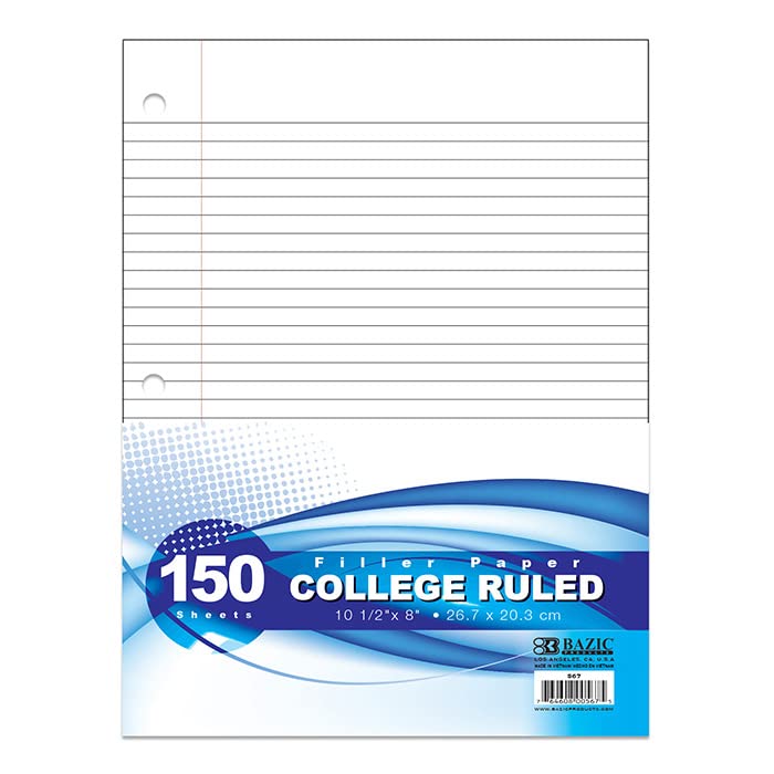 BAZIC Products College-Ruled Filler Paper, 150 Sheets, 24-Case | 10.5 x 8 in, 3-hole punched, fit 3-ring binders, notes and homework - color: College Ruled (150 Sheets), size: 24-Pack