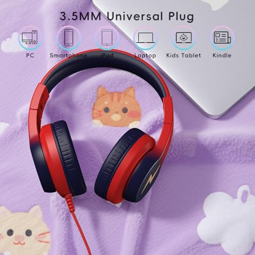Candy Bila Kids Headphones, Wired Headphones for Kids Over Ear with Microphone, 85/94dB Volume Headphone for Girls Boys, Foldable Headphone for Learning & Entertainment, Gradient red to Dark Blue - color: Gradient Red to Dark Blue