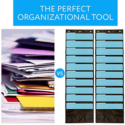 IMPRESA Deep File Pocket Chart - 47 x 14 in, Black - 2-Pack 20-Pocket Chart for Classroom Folders - Reinforced Grommets & Wall File Holder for Teachers