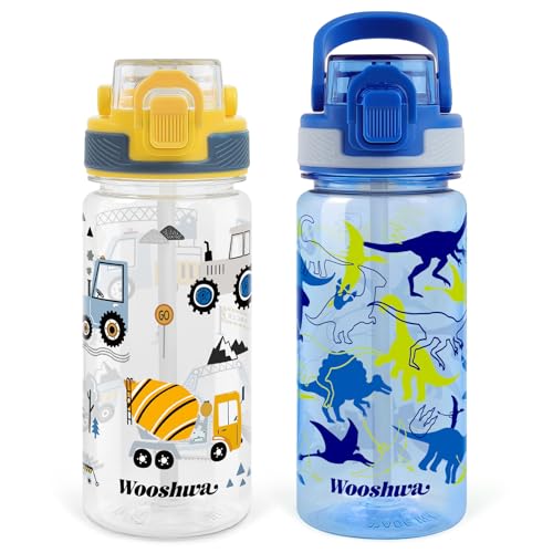 Kids Water Bottle for School, 16 Oz Plastic Straw Water Bottle with Silicone Spout and Leakproof Cover, Dishwasher Safe (Excavator/Dinosaur) - color: Excavator/Dinosaur, size: 16 Ounces