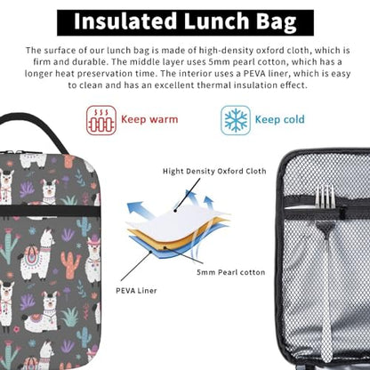 Cartoon Llama Alpaca Leakproof Lunch Bag Large Capacity Lunchbox Insulated Reusable Lunch Tote Bags Cooler Lunch Container For Work/Office/Picnic/Travel - color: Cartoon Llama Alpaca