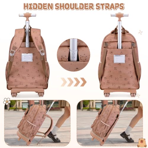 Capybara Theme Rolling Backpack with Lunch Bag & Pencil Case, Kids Rolling Backpack for Girls, Wheeled School Bookbag with Telescoping Handle for Kindergarten Elementary Middle High School - color: Brown