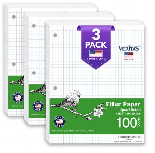 WritePads Graph Paper Loose Leaf Paper, 300 Sheets, 8 x 10.5 Inch 4x4 Quad Ruled Graphing Paper, 3 Hole Punched Filler Notebook Paper for 3 Ring Binders, 65 GSM, Made in USA - color: Graph Ruled Filler Paper, size: 3 Pack (300 Sheets)