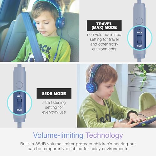 MEE audio KidJamz KJ55 Wired Children’s Headphones with 3.5mm Plug, Colorful Graphics, Volume Limiter & Microphone, Adjustable On-Ear Kids Headset for Online Learning/School/Travel/Tablet (Blue) - color: Blue, style: Standard