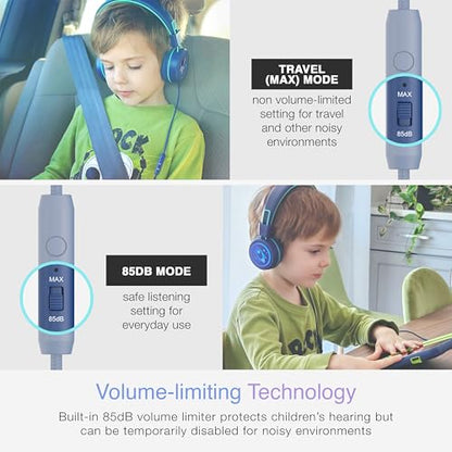 MEE audio KidJamz KJ55 Wired Children’s Headphones with 3.5mm Plug, Colorful Graphics, Volume Limiter & Microphone, Adjustable On-Ear Kids Headset for Online Learning/School/Travel/Tablet (Blue) - color: Blue, style: Standard