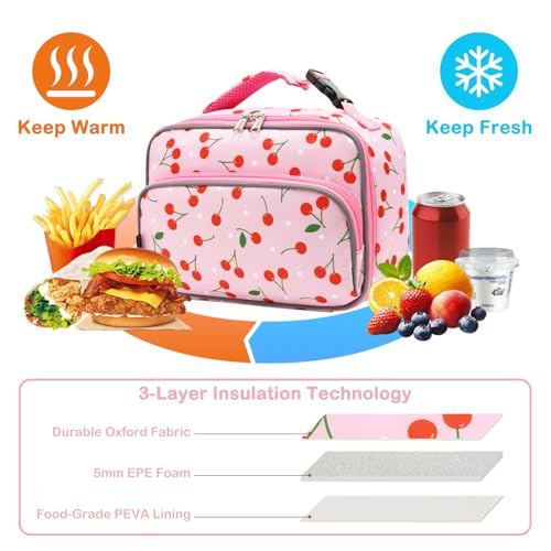FlowFly Kids Lunch box Insulated Soft Bag Mini Cooler Back to School Thermal Meal Tote Kit for Girls, Boys,Cherry - color: Cherry