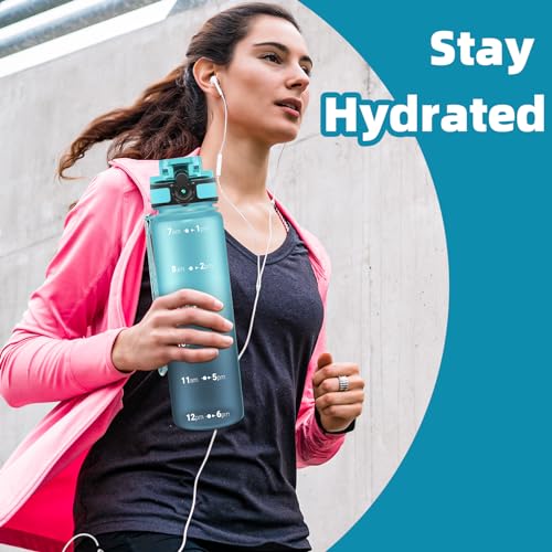 OLDLEY 32 oz Water Bottle, Motivational Water Bottle with Time Marker, Sports Water Bottle With Strap, Leakproof & BPA Free Large Water Bottles for School, Gym, Travel, Outdoor, Tritan,Blue&Gray