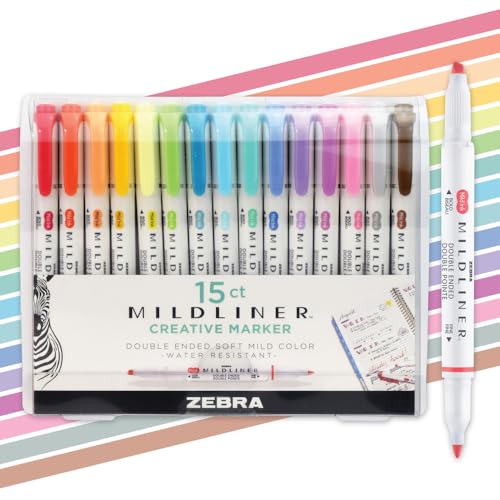Zebra Pen Mildliner Dual-Tip Highlighter Marker Set, Broad and Fine Point Tips, No Bleed, Ideal for Bible Highlighting, Journaling, School and Office Supplies, Assorted Ink Colors, 15-Pack (78115) - color: Assorted D, size: 1 Count (Pack of 15)