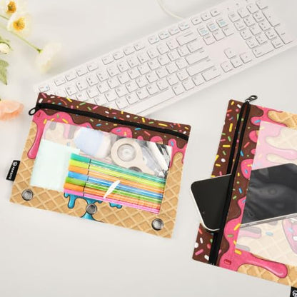 Gredecor 3 Ring Binder Pencil Pouch, American Football Ice Cream Zippered Pen Case Pouches with Clear Window, 2 Pack Stylish Office & School Supplie - color: American Football Ice Cream