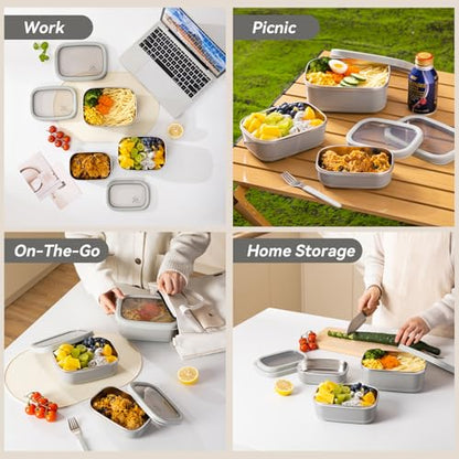 Lille Home Leak Proof Salad Container Stainless for Lunch - Snack Containers Steel - Ideal for Educational Settings & Daycare - Nesting Trio with Silicone Lids - 47oz+30oz+16oz - Grey - color: grey