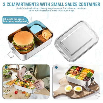 HaWare Large Stainless Steel Bento, Lunch Box, 47oz (1400ml) with Divider | 3 Compartment, Blue Condiment Container &Carrying Bag Included, Leak-Proof, Dishwasher Safe - color: Sky Blue, size: 47oz-(1400ml)