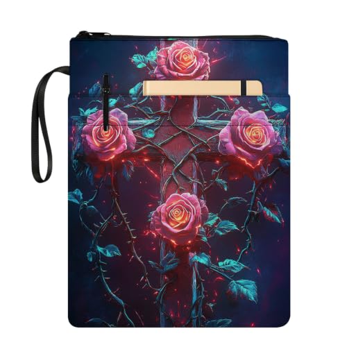 Padded Book Sleeve with Zipper & Front Pocket, Fabric Book Cover | Gothic Rose Flower Cross11.4"x8.7" Washable Canvas Pouch for Hardcovers, Tablets & Reading Accessories - color: Gothic Rose Flower Cross