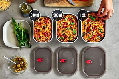 BLACK + BLUM Stainless Steel Microwave Safe Container Set | Mixed Set of 3 | Set of 600ml/900ml/1.2L, Leak Proof & Airtight, Durable & Reusable, Stackable Food Storage, Ideal for Meal Prep Batch Cooking - size: Mixed Box Set (600ml / 900ml / 1.2L)