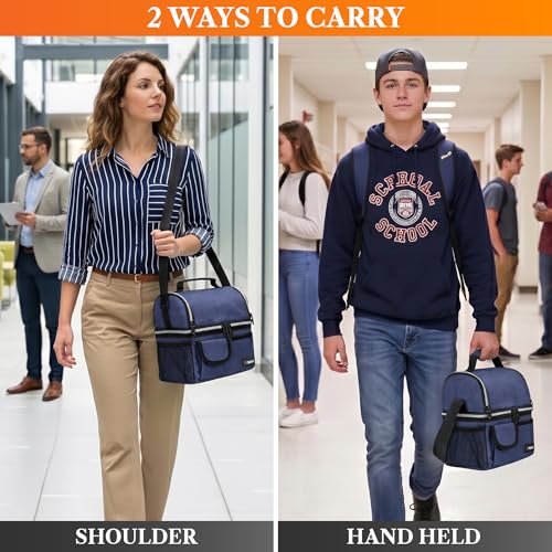 opux Insulated Lunch Bag Women Men, Dual Compartment Leakproof Lunch Box Adults Kids, Double Decker Meal Prep Bento Lunch Cooler Tote with Shoulder Strap for Work Office School Travel, Navy Blue - color: Heather Navy