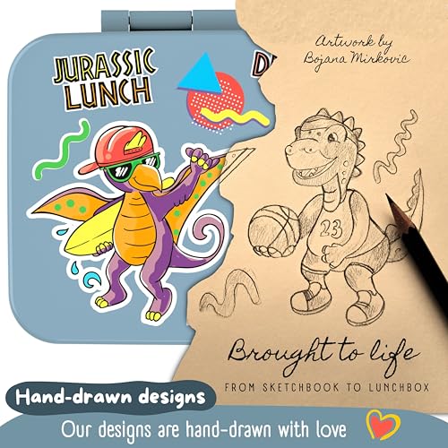 BEARFOOT Kids Lunch Box with Compartments – Compact & Lightweight | Leak-Proof, BPA-Free, Dishwasher Safe | Hand-Drawn Design for Preschool, School, Travel (Dinos Blue, 4 Cups) | BPA Free Leakproof Lunch Box with Compartments School & Nursery for Girls &