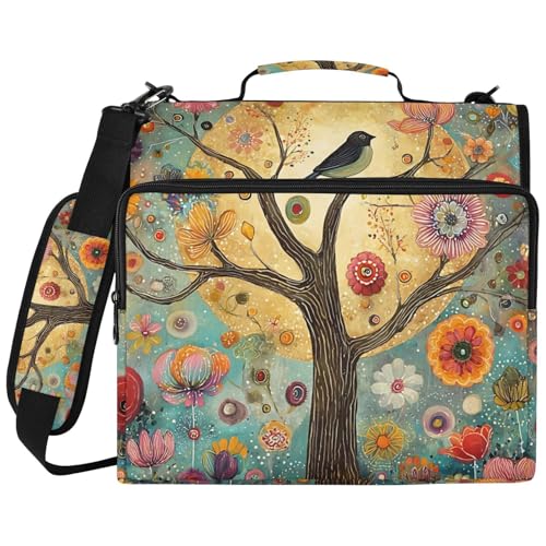 Tree of Life Zipper Binder Bag 3 Ring Binder with Shoulder Strap Zip Multi Pockets Portfolio Bags Capacity Up 500 Sheets for School Office Supplies - color: Tree and Birds
