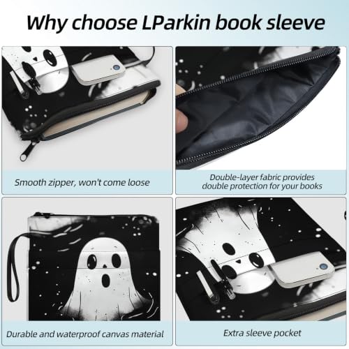 Padded Book Sleeve with Zipper & Front Pocket, Fabric Book Cover | Gothic Black White Ghost11.4"x8.7" Washable Canvas Pouch for Hardcovers, Tablets & Reading Accessories - color: Gothic Black White Ghost