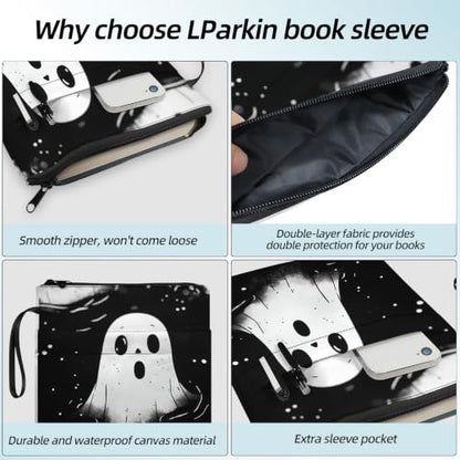 Padded Book Sleeve with Zipper & Front Pocket, Fabric Book Cover | Gothic Black White Ghost11.4"x8.7" Washable Canvas Pouch for Hardcovers, Tablets & Reading Accessories - color: Gothic Black White Ghost