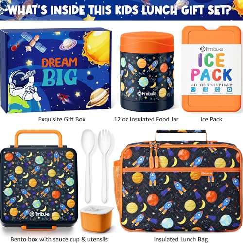 Fimibuke Kids Bento Snack Lunch Box with 4 Compartment, Insulated Lunch Bag, Stainless Steel Vacuum Thermo Food Jar, Ice Pack, Utensils Set, Birthday Gifts for Age 3-12 Back to School Toddler Girl Boy | Lunch Box Kids with 4 Compartment, Food Jar, Ice Pac
