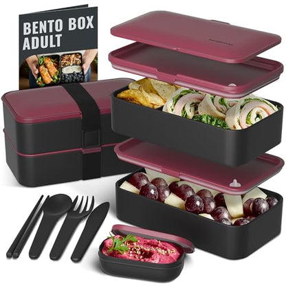 Bentoheaven Bento Box Adult, Stackable Lunch Box, 40 oz, Very Berry | BPA-free, leakproof and microwave-safe with 2 compartments, utensils, chopsticks, divider and sauce cup for men and women. - color: Very Berry