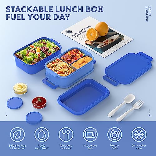 Jelife Adult Bento Lunch Box - 3 Layers Stackable Bento Lunch Box for Adults, 72oz Large All-in-One Bento Box Leak-Proof Lunch boxes with Utensil Sauce Containers, Ideal for Dining Out,Work, Blue - color: 4-Blue