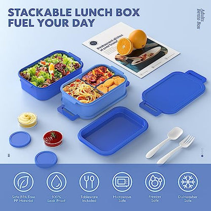 Jelife Adult Bento Lunch Box - 3 Layers Stackable Bento Lunch Box for Adults, 72oz Large All-in-One Bento Box Leak-Proof Lunch boxes with Utensil Sauce Containers, Ideal for Dining Out,Work, Blue - color: 4-Blue