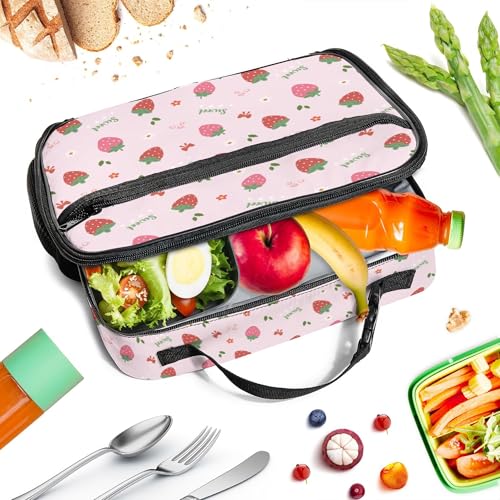 WOBAGMEN Strawberry Lunch Box for Kids, Cute Insulated Lunch Bag for Boys Girls,Waterproof Lunch Box with Water Bottle Holder for Teens Adults Picnic Travel Back to School (Pink Strawberry Bow) - color: Pink Strawberry Bow