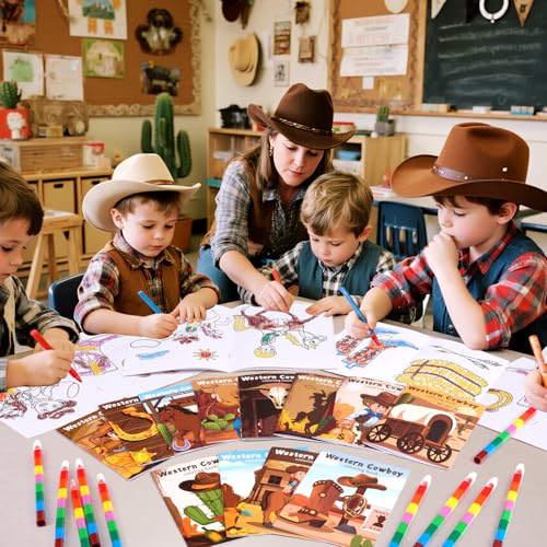 BenLouis 24 Western Cowboy Mini Coloring Books Kids With 24 Stacking Crayons Wild West Party Favors Activity Books Bulk for Kids Yee Haw Rodeo Goodie Bag Gift Stuffer Classroom Reward - style: Western Cowboy