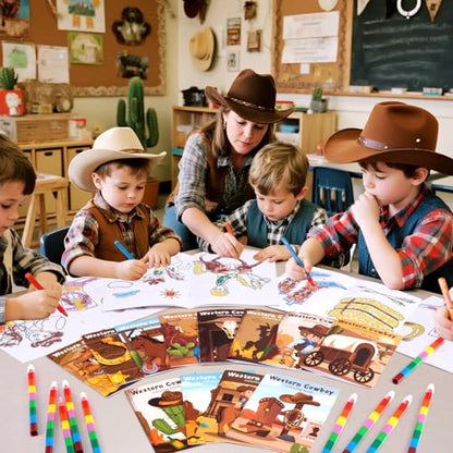 BenLouis 24 Western Cowboy Mini Coloring Books Kids With 24 Stacking Crayons Wild West Party Favors Activity Books Bulk for Kids Yee Haw Rodeo Goodie Bag Gift Stuffer Classroom Reward - style: Western Cowboy