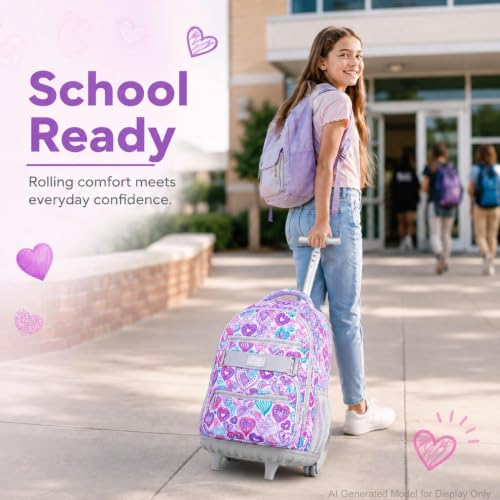 3pcs Rolling Backpack for Girls, 19 Inche Adult Bag with Roller Wheels, Wheeled Bookbag Set for Women - PinkGrey - color: Love Pinkgrey