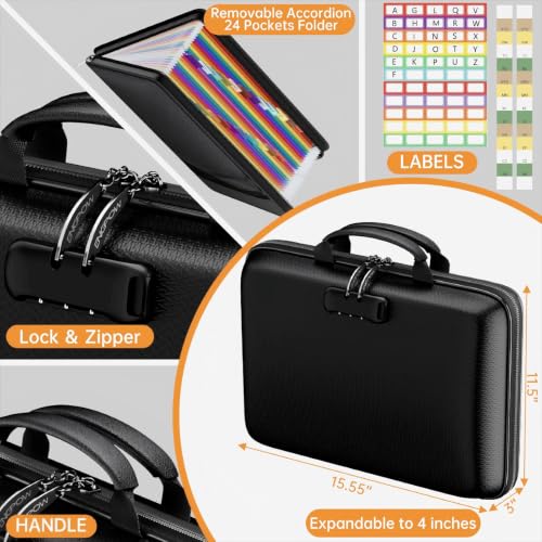 Fireproof File Organizer with Lock，Hard Case Fireproof Document Box with 13 Pockets Accordion File Folder，Portable Home Office Safe Storage for Important Documents Laptop （Black） ﻿