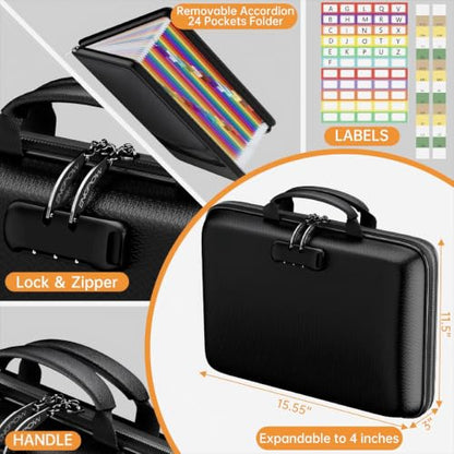 Fireproof File Organizer with Lock，Hard Case Fireproof Document Box with 13 Pockets Accordion File Folder，Portable Home Office Safe Storage for Important Documents Laptop （Black） ﻿