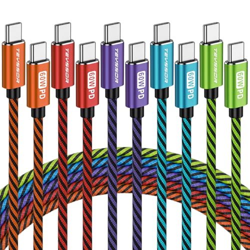 Teyssor USB C to USB C Cable, USB C Charger Cable 6FT 5-Pack 60W, USBC to USBC Fast Charging Cable for Phone 15/15 Pro/15 Pro Max, Type C Charger Cable for Samsung S23/S23+, MacBook, Pad Pro/Air - color: 6FT*5-ROBPQ