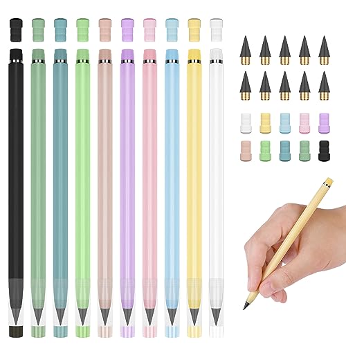 HOTUT Infinity Pencil,10PCS Inkless Pencil Forever Pencils with 10 Replaceable Nibs and Extra Erasers, NO-Sharpening Pencils for Students for Writing Drawing Home Office School Supplies - color: 10pcs-Macaron