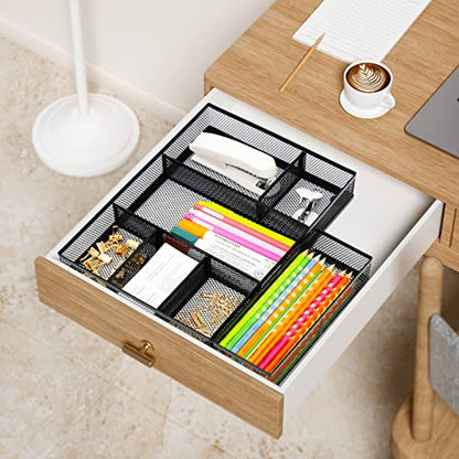 Neudeco Desk Drawer Organizer, 4 Pack Metal Mesh, Black | Adjustable Dividers, Stackable, Pen Organizer, Office Supplies Organizer