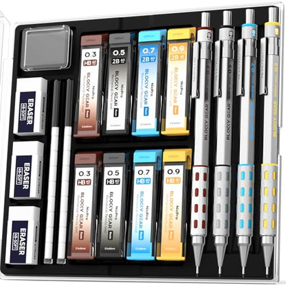 Nicpro 4 Pack Blocky Gear 0.3, 0.5, 0.7, 0.9 mm Metal Mechanical Pencils Set with Case, Lead Drafting Pencil with 8 Tube Lead Refills(HB 2B), Erasers, Eraser Refills for Art Writing Sketching Drawing - style: 0.3 0.5 0.7 0.9mm