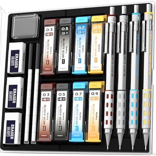 Nicpro 4 Pack Blocky Gear 0.3, 0.5, 0.7, 0.9 mm Metal Mechanical Pencils Set with Case, Lead Drafting Pencil with 8 Tube Lead Refills(HB 2B), Erasers, Eraser Refills for Art Writing Sketching Drawing - style: 0.3 0.5 0.7 0.9mm