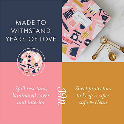 Jot & Mark 8.5" x 9.5" 3 Ring Recipe Binder with 50 Matching 4x6 inch Recipe Cards, 25 Top & Bottom Binder Sleeve Sheet Protector, 5 Full-Page Undivided Sleeves, 6 Sturdy Divider Tabs, Mise En Place | 50 Recipe Cards + 25 Sleeve Protectors + 5 Full-Page S