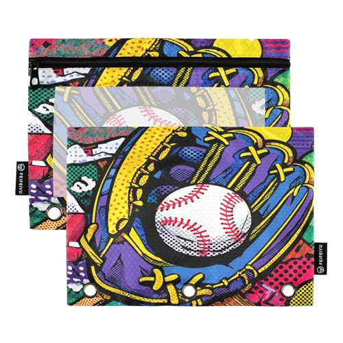Baseball Purple Pencil Pouch for 3 Ring Binder Pencil Pouches with Zippers Clear Window Binder Pockets Pencil Bags for Office Work Daily Organzier 2 Packs - color: Multicolored-baseball Purple