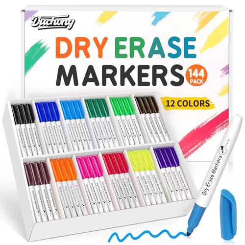 Duchong 144 Count Dry Erase Markers Bulk, 12 Assorted Colors, Fine Tip Whiteboard Markers for Kids Teachers, Dry Erase Pens Bulk Pack for Classroom Home, Back to School Supplies