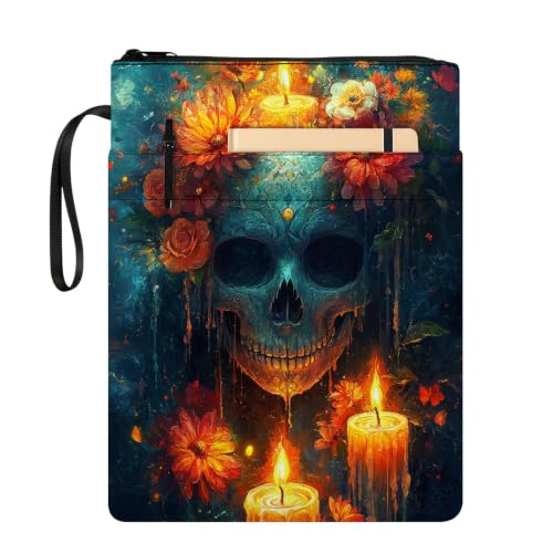 Padded Book Sleeve with Zipper & Front Pocket, Fabric Book Cover | Sugar Skull Gothic Candles11.4"x8.7" Washable Canvas Pouch for Hardcovers, Tablets & Reading Accessories - color: Sugar Skull Gothic Candles