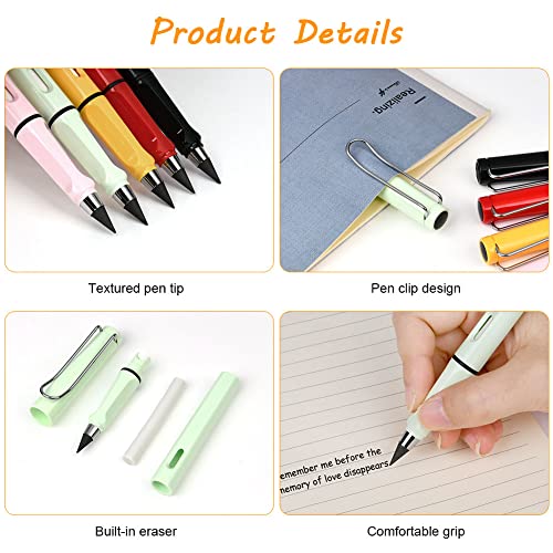 Ainiv Inkless Pencil with Eraser, 5 Sets Infinity Pencil Everlasting Pencil, Reusable Infinite Pencil with Extra 5 Eraser & 5 Replaceable Nibs, Endless Pencil for Home Office School Writing Drawing - color: 5PCS-Black、Red、Yellow、Green、Pink