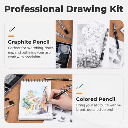 Nicpro 37PCS Art Drawing Supplies Kit, Metal Mechanical Pencil Set 0.5, 0.7, 0.9 & 2mm, 100 Sheets 9x12 Sketch Book, 288PCS Leads, School Supplies Drawing Kit for Artist Adults Teens Kids Sketching - size: 37